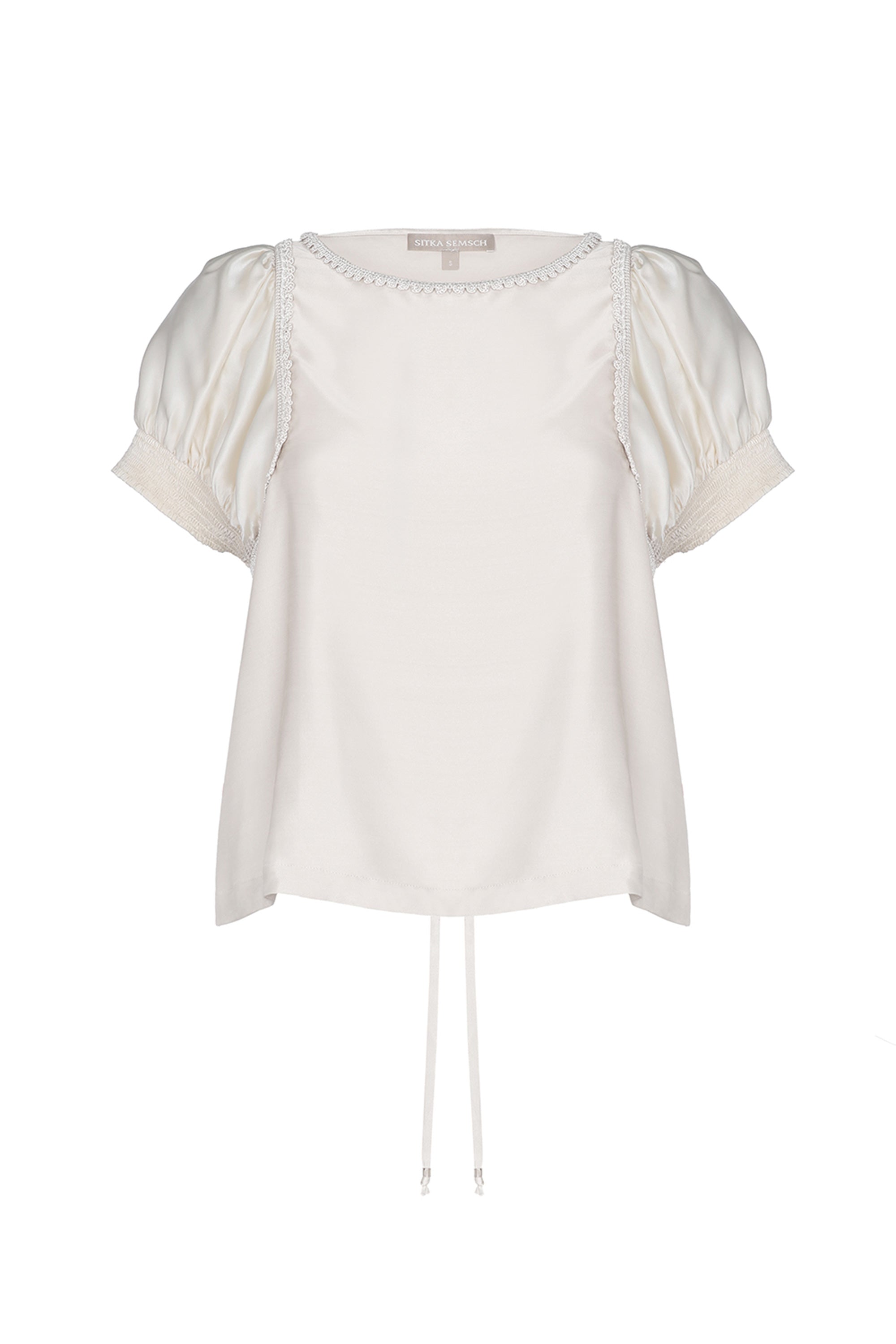 Davina silk top in off white with crochet ribbon details and adjustable hem