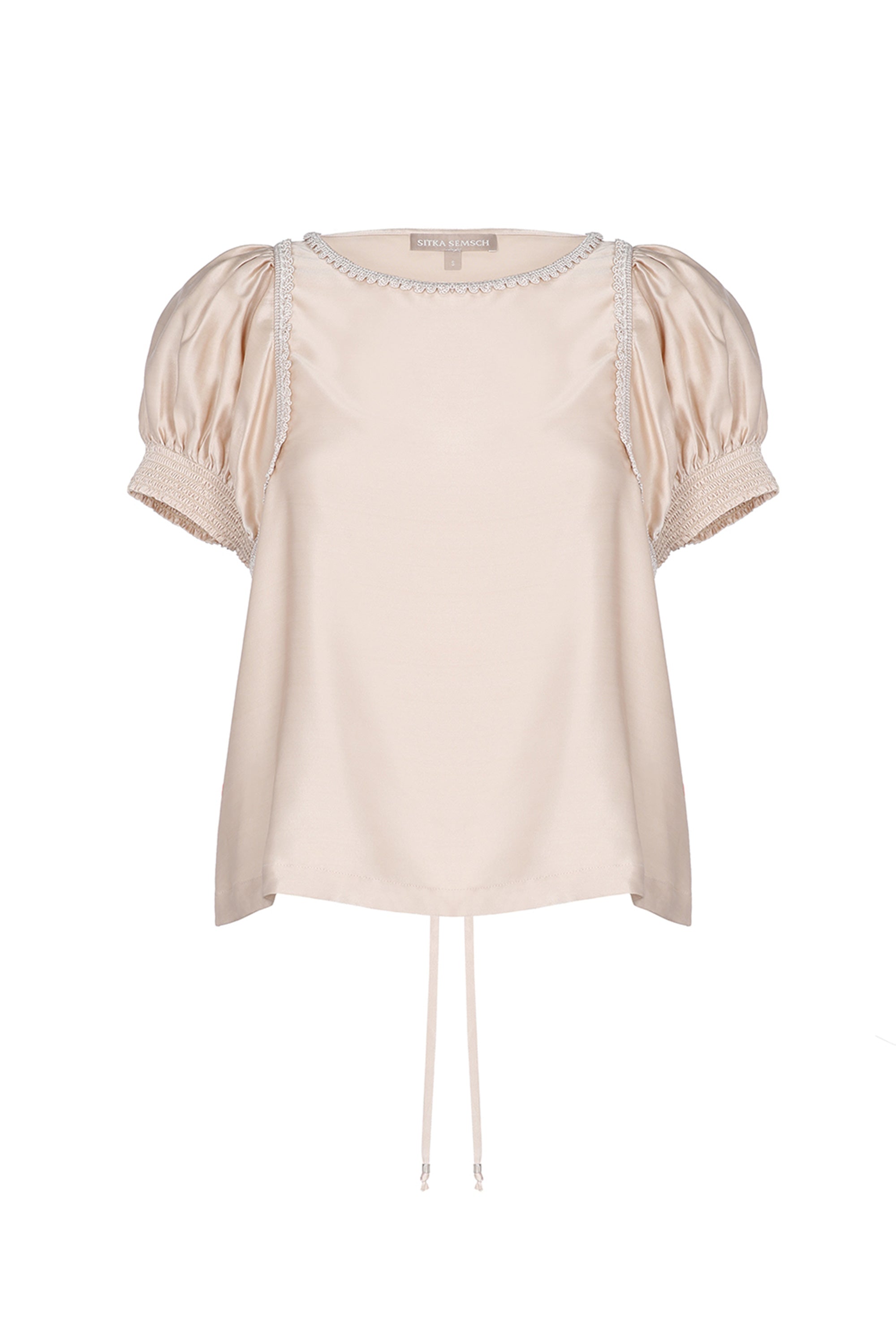 Davina silk top in sand with elegant crochet ribbon details