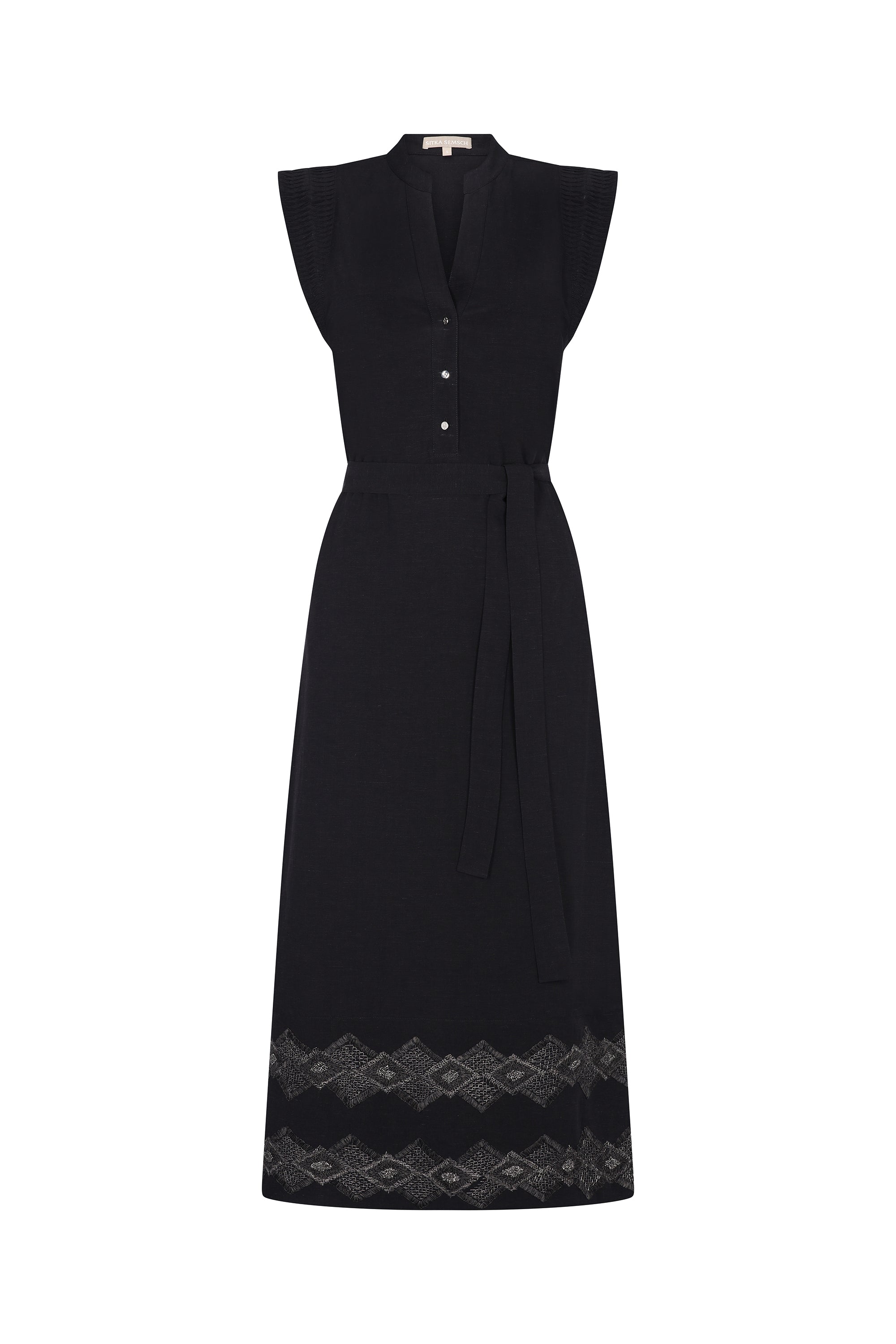 Front view of the Denver Dress in black, showcasing its Nehru collar and artisan-embroidered hem.