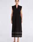 Front view of the Denver Dress in black, showcasing its Nehru collar and artisan-embroidered hem.