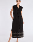 Front view of the Denver Dress in black, showcasing its Nehru collar and artisan-embroidered hem.