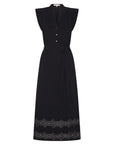 Front view of the Denver Dress in black, showcasing its Nehru collar and artisan-embroidered hem.