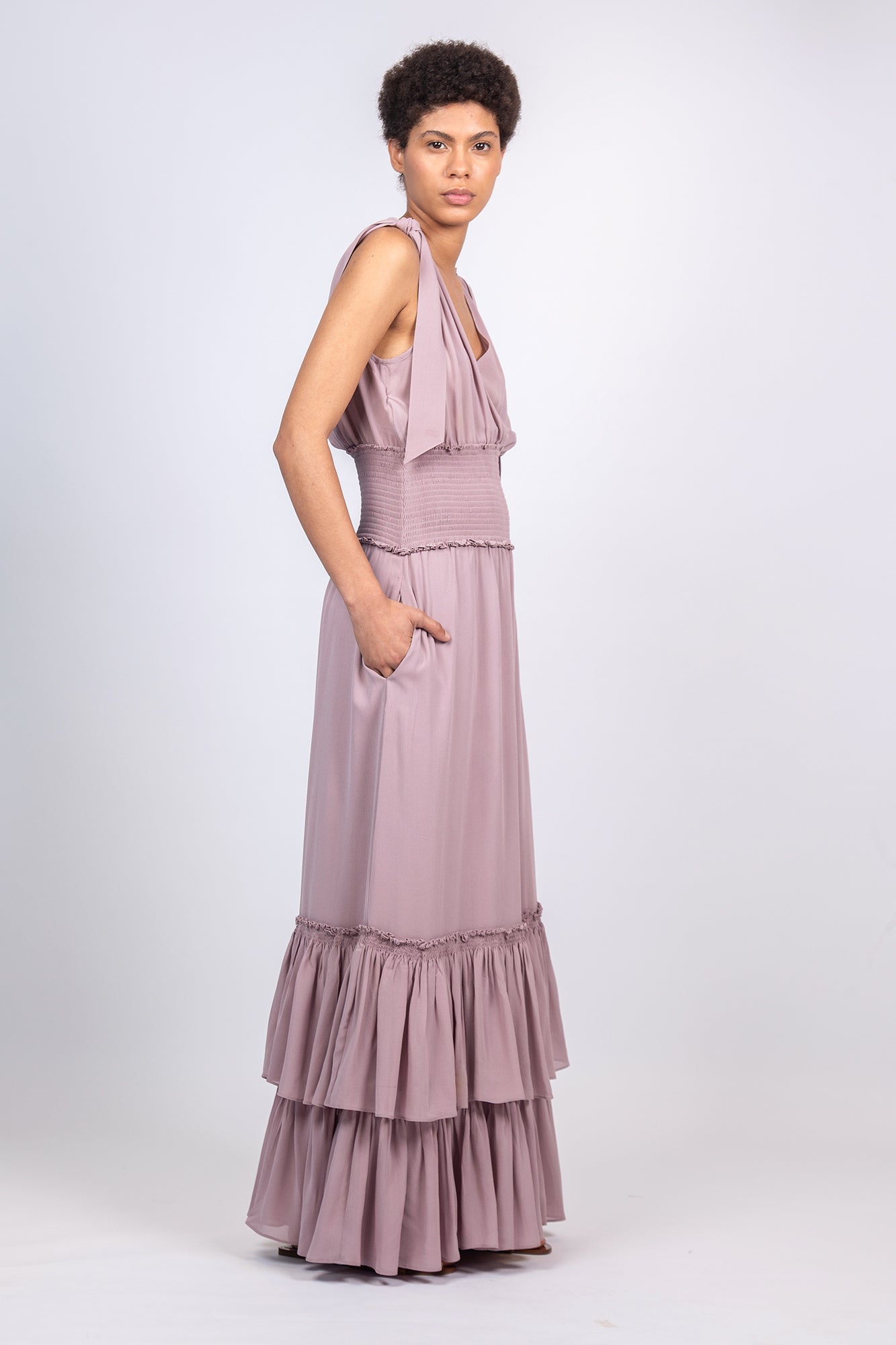 Silk Maxi Dress with Shoulder Ties & Ruffled Skirt | Sitka Semsch