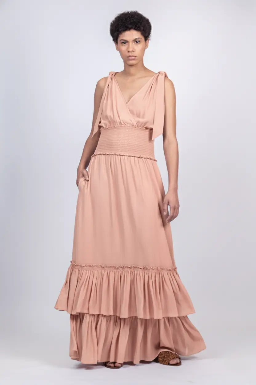 Ebrill Silk Ruffle Maxi Dress in Blush