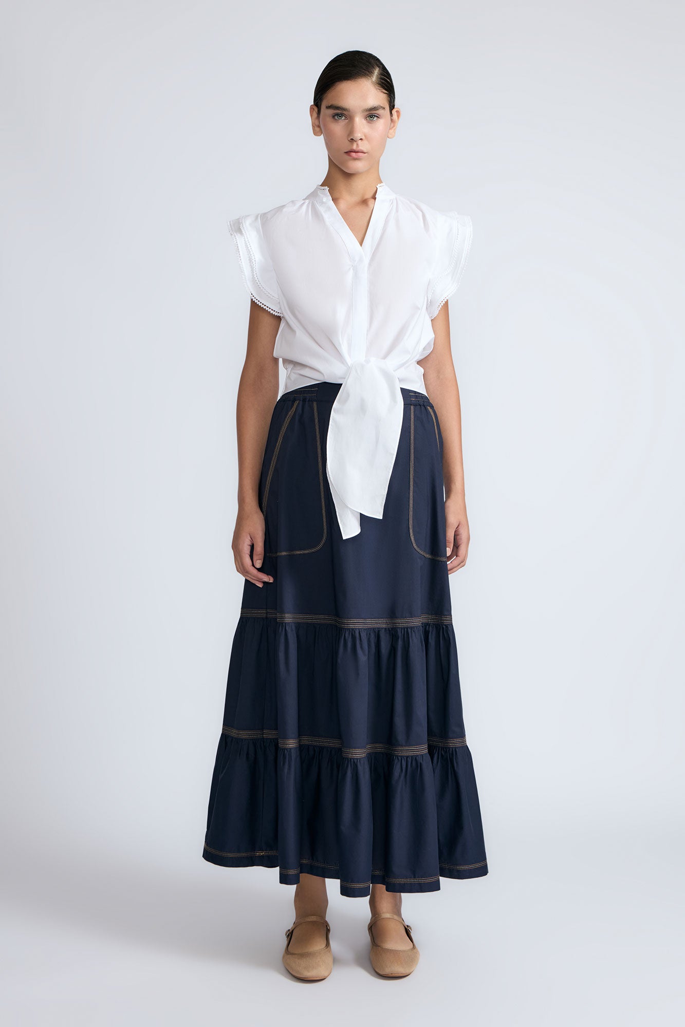 Eden Skirt in Navy | Cotton Midi Skirt with Ruffled Hem & Patch