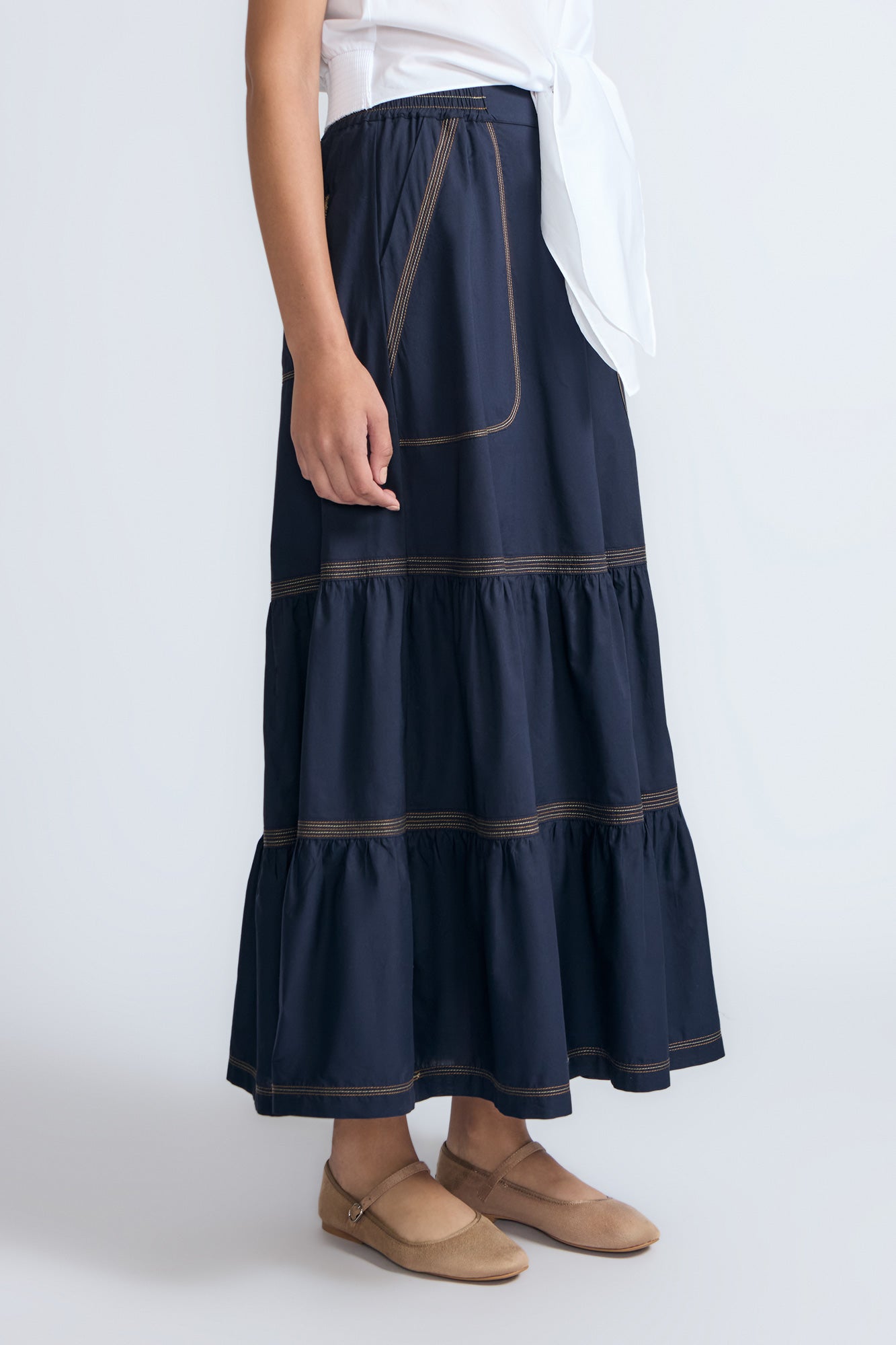 Eden Skirt in Navy | Cotton Midi Skirt with Ruffled Hem & Patch