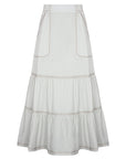 Eden Skirt in Silver – Cotton midi skirt with ruffled hem, patch pockets, and elasticized waistband at the back.