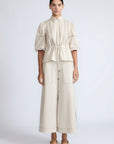 Evangeline Blouse in Prestine – 100% cotton blouse with internal belt, decorative trim, shirt collar, and ¾ sleeves with elastic cuffs.