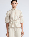 Evangeline Blouse in Prestine – 100% cotton blouse with internal belt, decorative trim, shirt collar, and ¾ sleeves with elastic cuffs.
