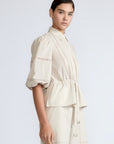 Evangeline Blouse in Prestine – 100% cotton blouse with internal belt, decorative trim, shirt collar, and ¾ sleeves with elastic cuffs.
