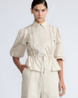 Evangeline Blouse in Prestine – 100% cotton blouse with internal belt, decorative trim, shirt collar, and ¾ sleeves with elastic cuffs.