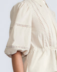 Evangeline Blouse in Prestine – 100% cotton blouse with internal belt, decorative trim, shirt collar, and ¾ sleeves with elastic cuffs.