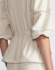 Evangeline Blouse in Prestine – 100% cotton blouse with internal belt, decorative trim, shirt collar, and ¾ sleeves with elastic cuffs.