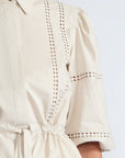 Evangeline Blouse in Prestine – 100% cotton blouse with internal belt, decorative trim, shirt collar, and ¾ sleeves with elastic cuffs.