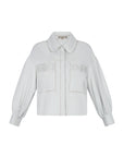 Gwen Jacket in Silver – Cropped cotton jacket with structured pleats, patch pockets, and a modern cut.
