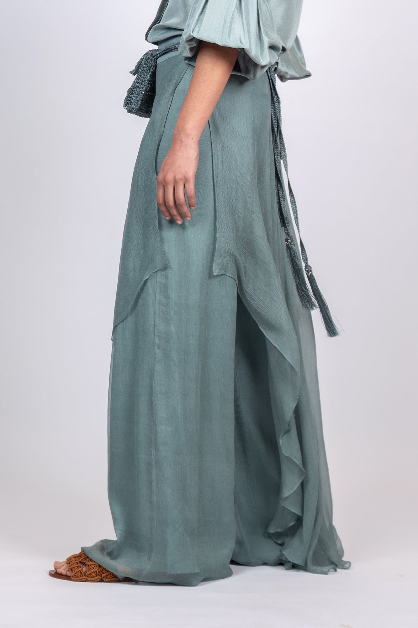 Idanna Pant in Dark Green – Silk Palazzo Pants with Flowing Fit