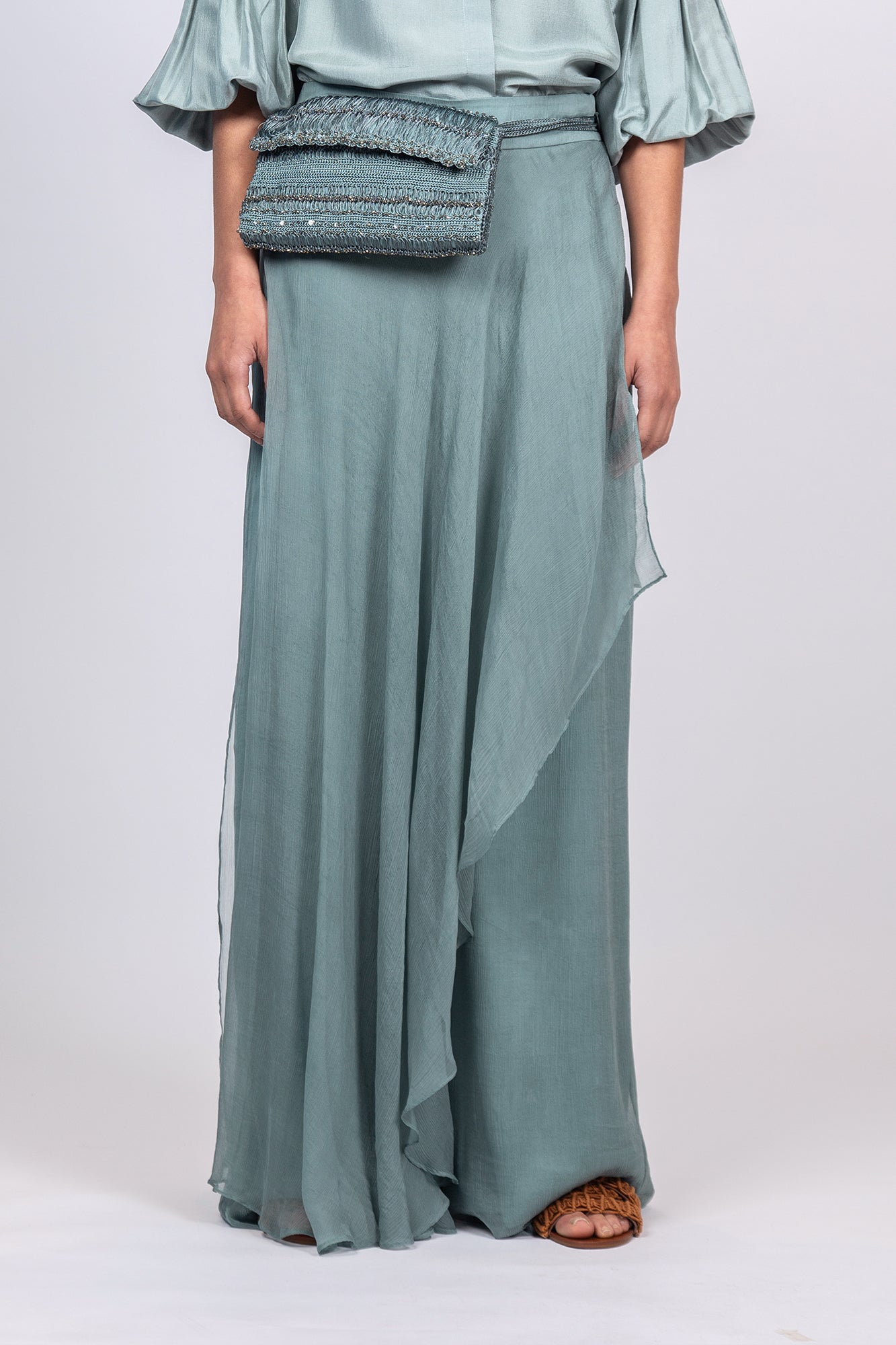Idanna Pant in Dark Green – Silk Palazzo Pants with Flowing Fit