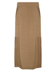 Front view of the straight-cut Indigo Midi Skirt in a sophisticated taupe.