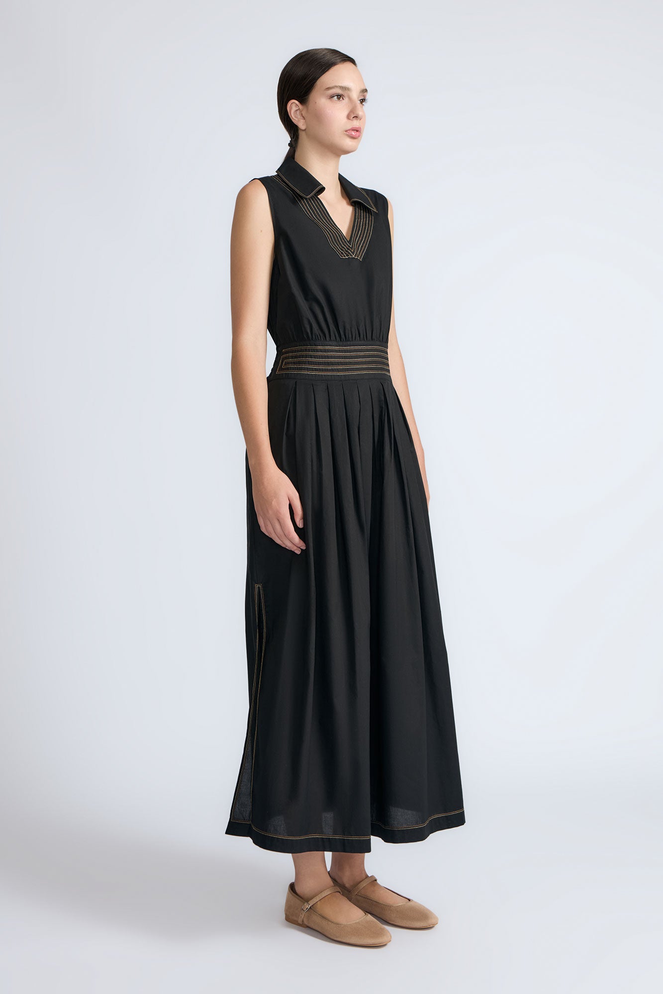 Isidora Dress in Black | Sleeveless Cotton Midi Dress with Hidden Pockets