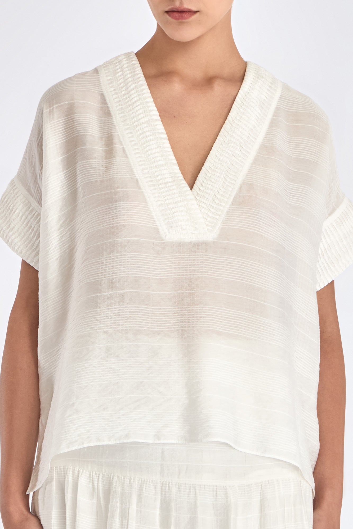 Detailed shot of the artisanal trim along the neckline of the Off White Ivy Blouse.