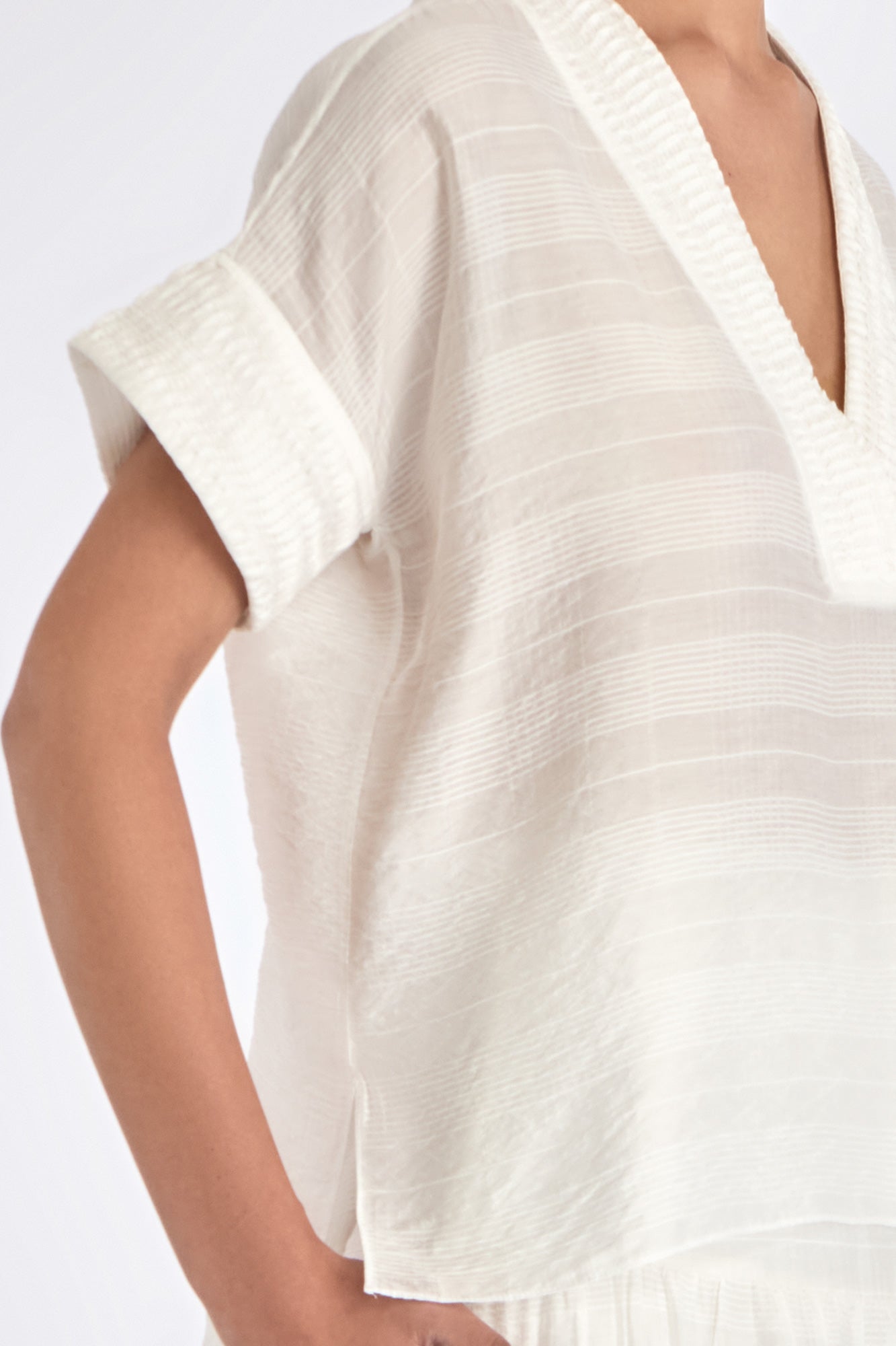 Detailed shot of the artisanal trim along the neckline of the Off White Ivy Blouse.