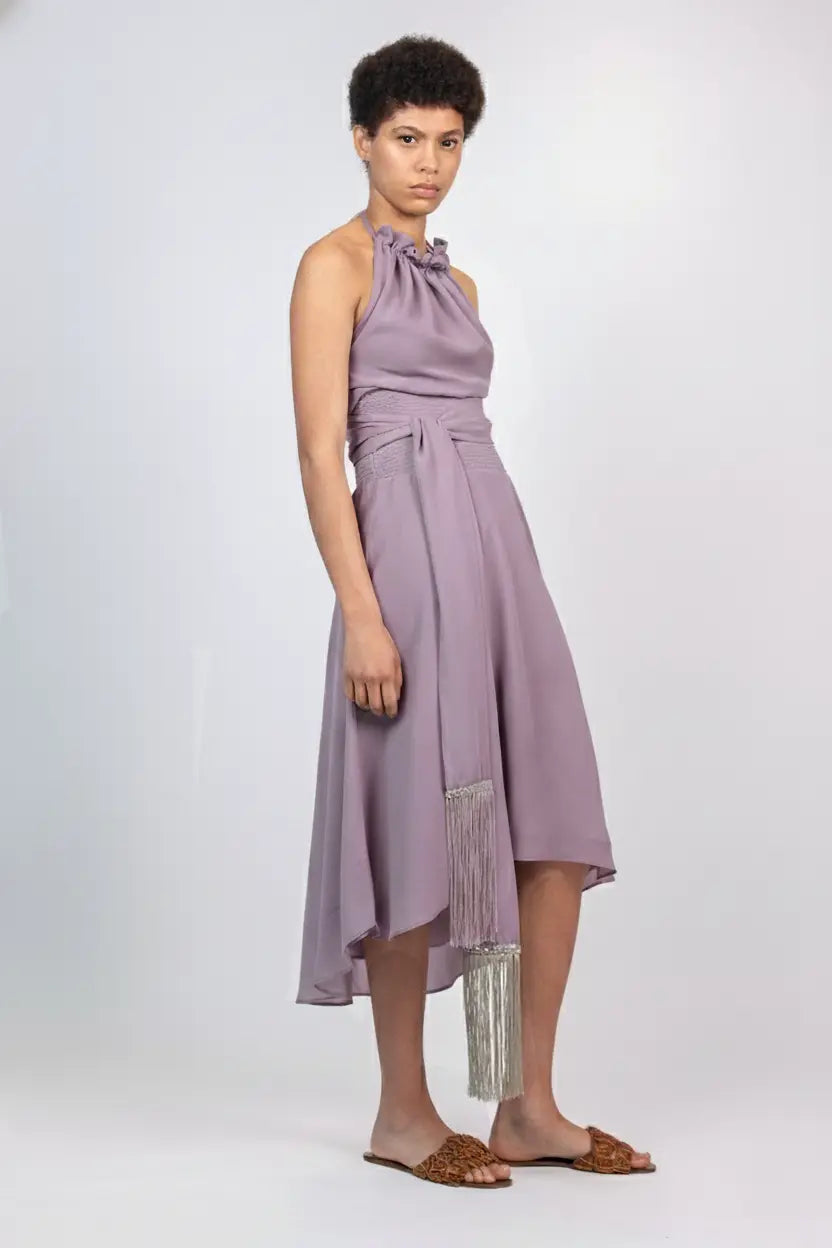 Izenia Crochet-Belt Silk Dress in Lilac | Sitka Semsch