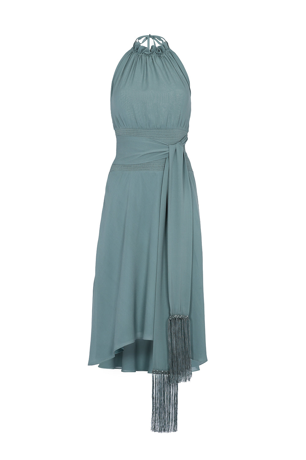 Izenia Dress in Dark Green | Elegant Silk Midi Dress with Fringe Details | Sitka Semsch
