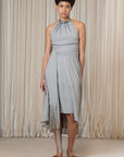 Izenia Dress in Silver | Silk Halter Midi Dress with Crochet Belt | Sitka Semsch