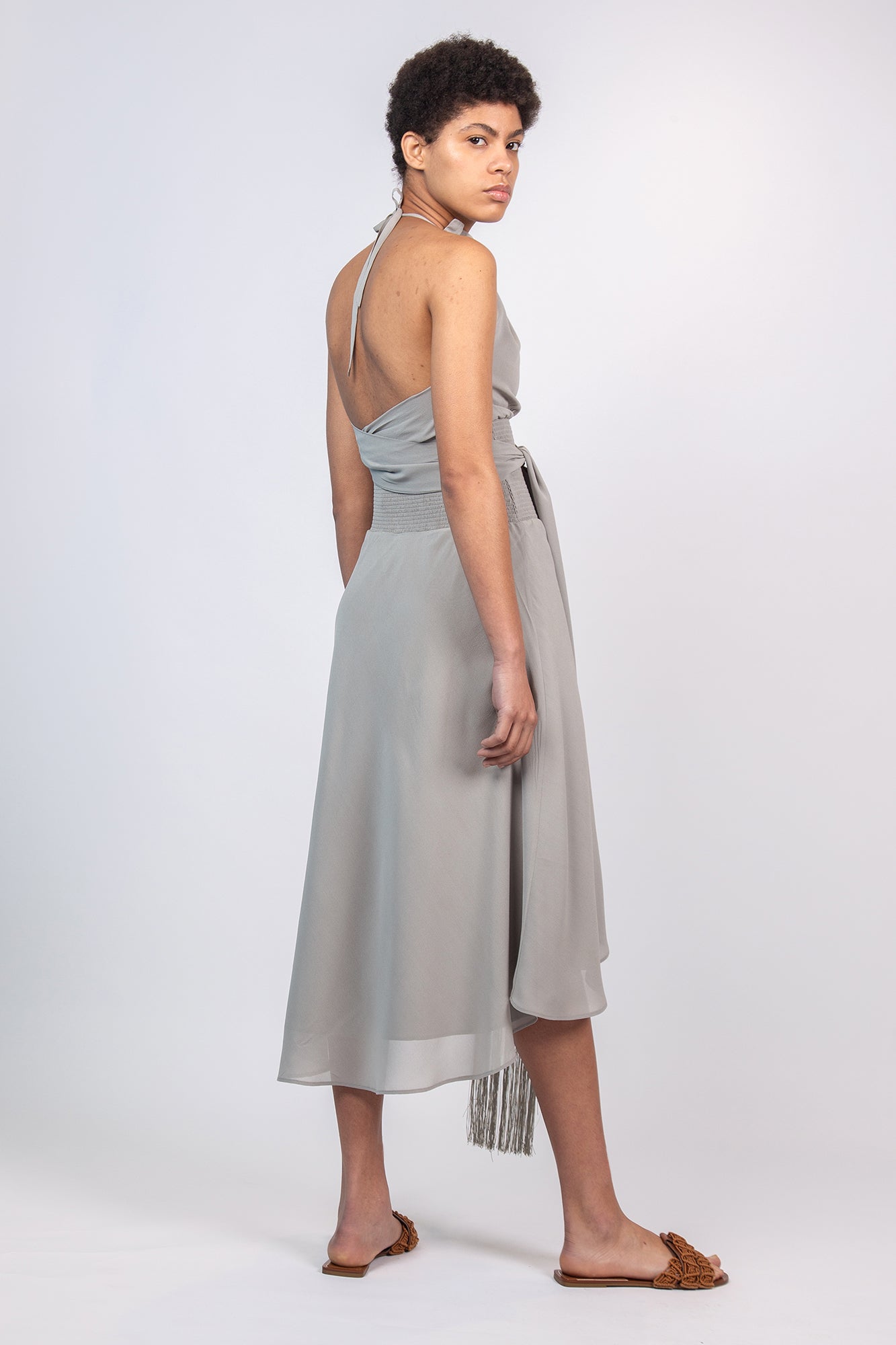 Izenia Dress in Silver | Silk Halter Midi Dress with Crochet Belt | Sitka Semsch