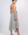 Izenia Dress in Silver | Silk Halter Midi Dress with Crochet Belt | Sitka Semsch