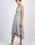 Izenia Dress in Silver | Silk Halter Midi Dress with Crochet Belt | Sitka Semsch
