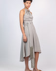 Izenia Dress in Silver | Silk Halter Midi Dress with Crochet Belt | Sitka Semsch