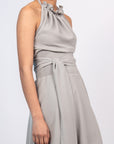 Izenia Dress in Silver | Silk Halter Midi Dress with Crochet Belt | Sitka Semsch