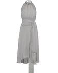 Izenia Dress in Silver | Silk Halter Midi Dress with Crochet Belt | Sitka Semsch