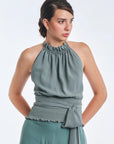 Izenia Silk Halter Top with Beaded Detail | Dark Green