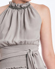 Izenia Silk Halter Top with Beaded Detail | Silver