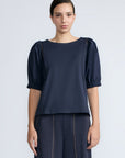 Jamie Top in Navy – 100% cotton top with textured fabric, round neckline, and ¾ sleeves with elastic cuffs.