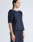 Jamie Top in Navy – 100% cotton top with textured fabric, round neckline, and ¾ sleeves with elastic cuffs.