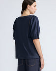 Jamie Top in Navy – 100% cotton top with textured fabric, round neckline, and ¾ sleeves with elastic cuffs.