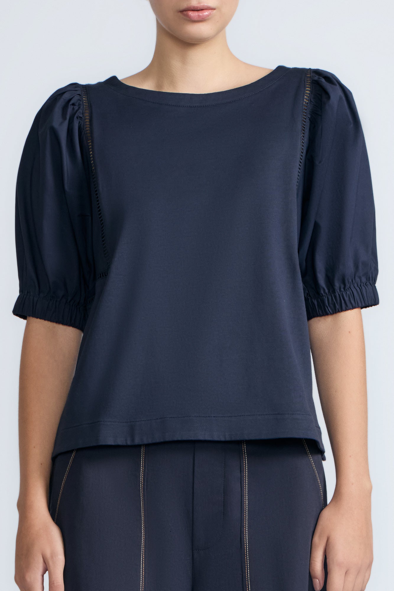 Jamie Top in Navy – 100% cotton top with textured fabric, round neckline, and ¾ sleeves with elastic cuffs.