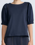 Jamie Top in Navy – 100% cotton top with textured fabric, round neckline, and ¾ sleeves with elastic cuffs.