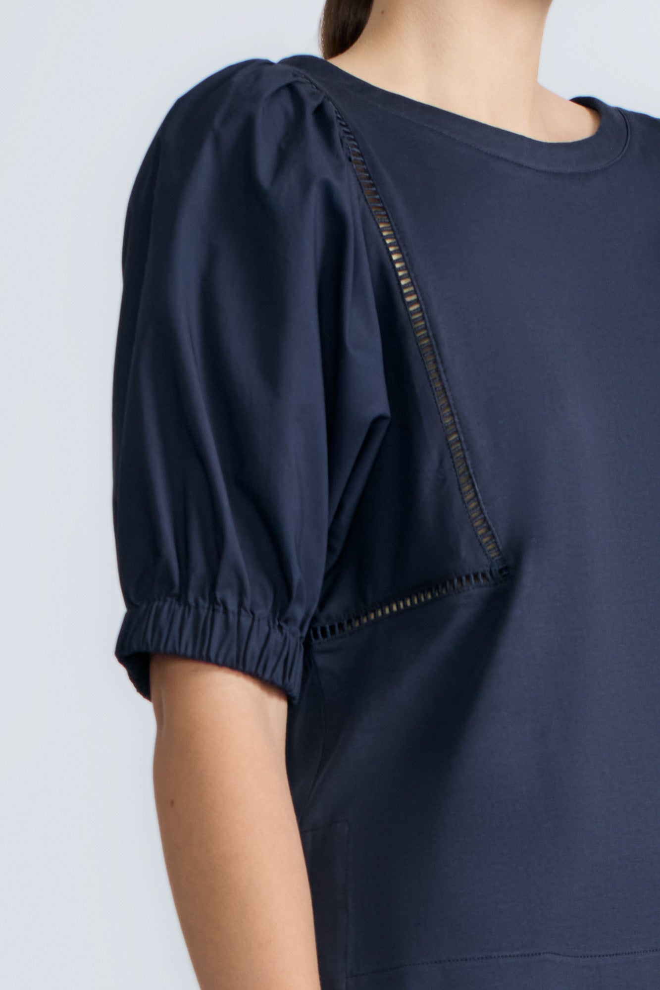 Jamie Top in Navy – 100% cotton top with textured fabric, round neckline, and ¾ sleeves with elastic cuffs.