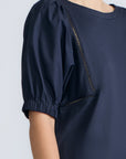 Jamie Top in Navy – 100% cotton top with textured fabric, round neckline, and ¾ sleeves with elastic cuffs.
