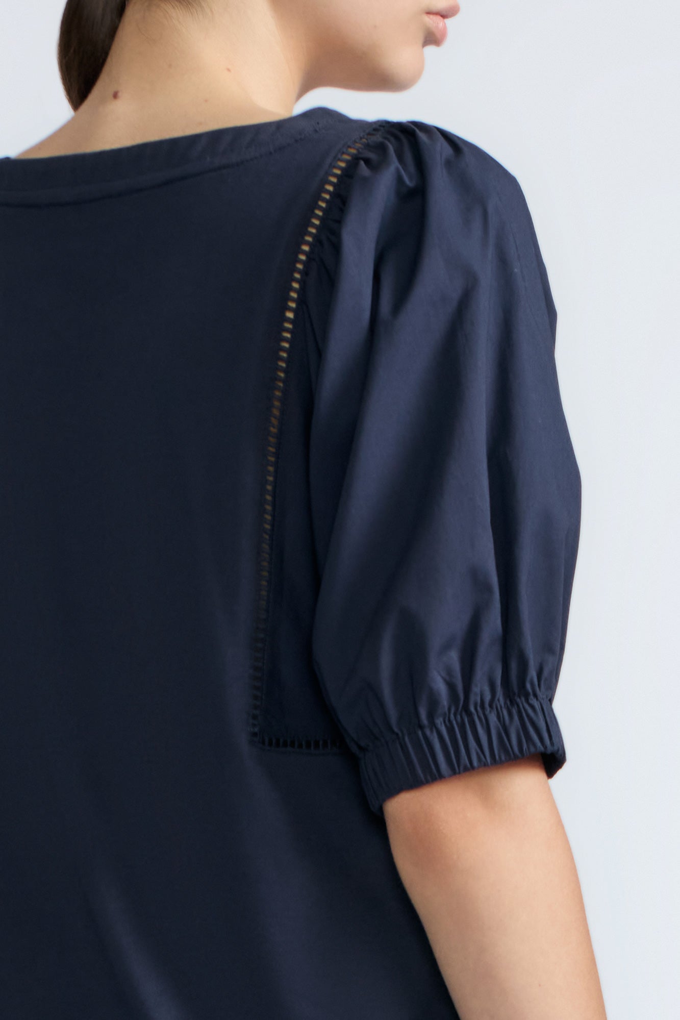 Jamie Top in Navy – 100% cotton top with textured fabric, round neckline, and ¾ sleeves with elastic cuffs.