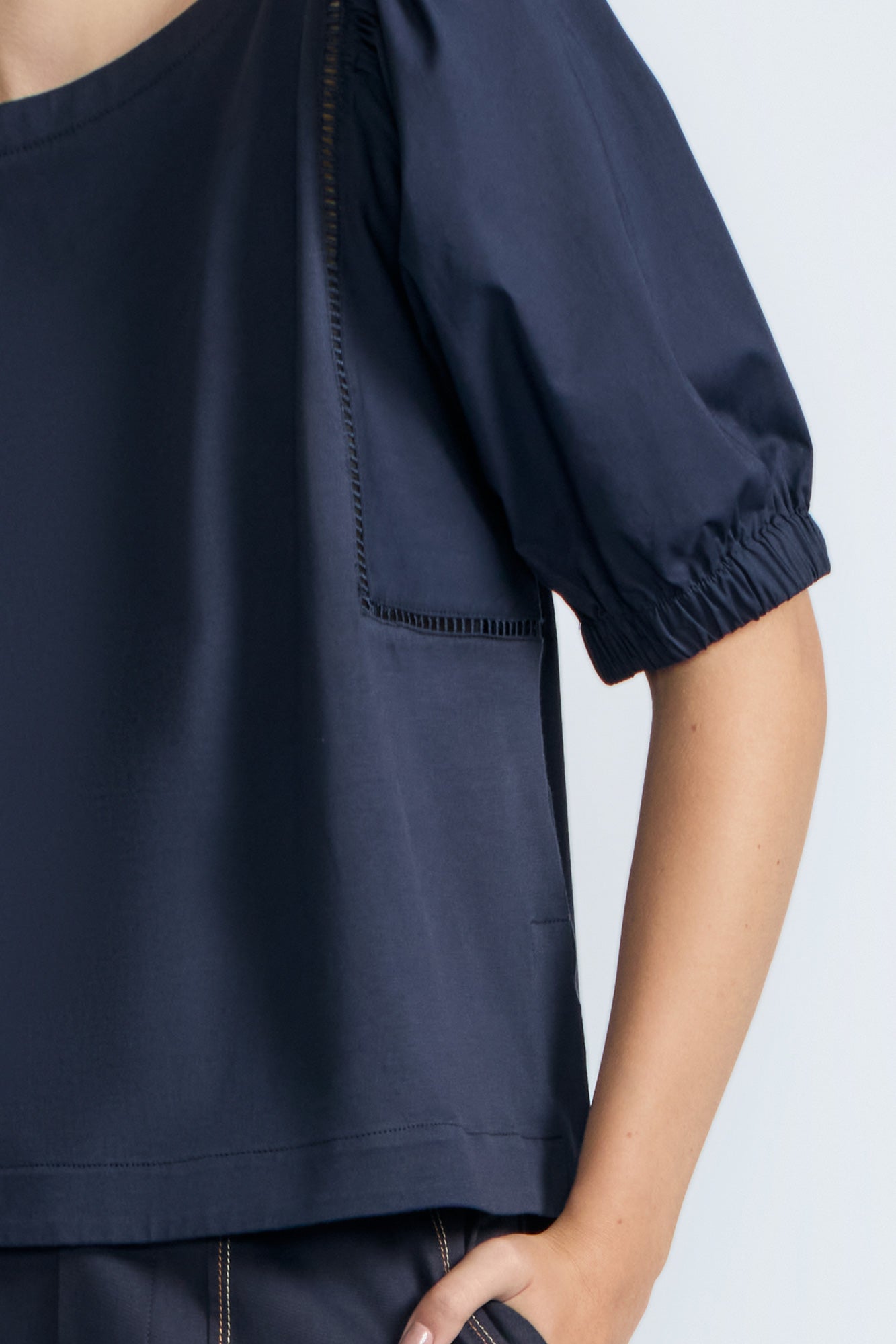 Jamie Top in Navy – 100% cotton top with textured fabric, round neckline, and ¾ sleeves with elastic cuffs.