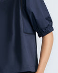 Jamie Top in Navy – 100% cotton top with textured fabric, round neckline, and ¾ sleeves with elastic cuffs.
