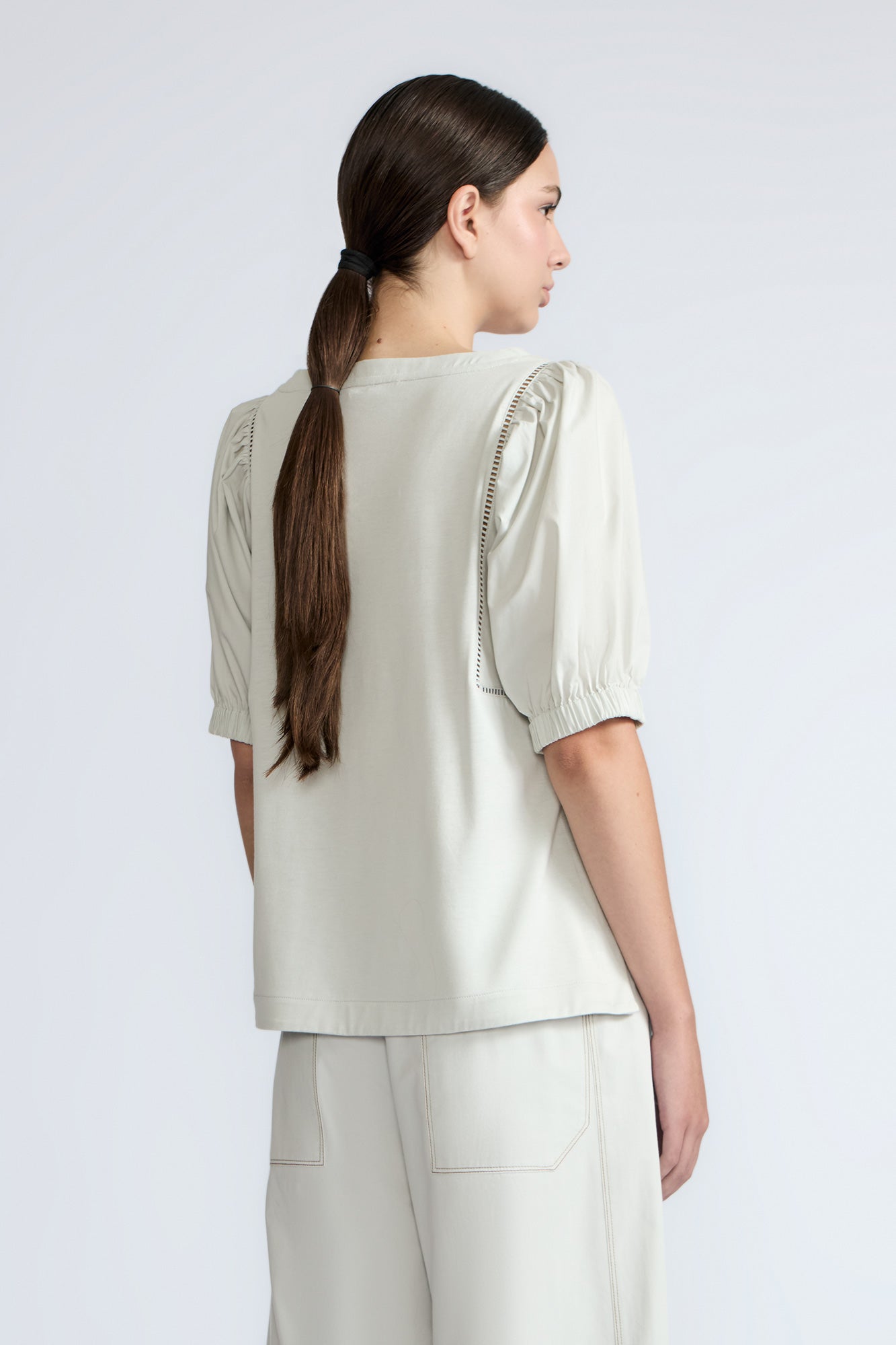 Jamie Top in Silver – 100% cotton blouse with mixed textures, round neckline, and ¾ sleeves with elasticated cuffs.