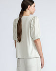 Jamie Top in Silver – 100% cotton blouse with mixed textures, round neckline, and ¾ sleeves with elasticated cuffs.