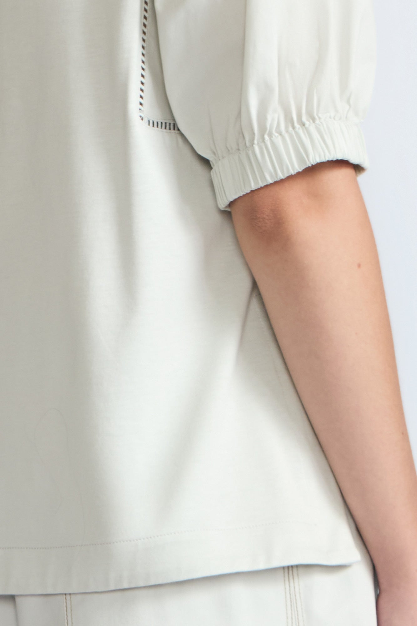 Jamie Top in Silver – 100% cotton blouse with mixed textures, round neckline, and ¾ sleeves with elasticated cuffs.