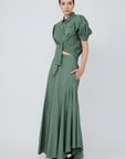 Josie Blouse in Military Green - Stylish Bubble Sleeve Cotton Blouse with Copper Buttons